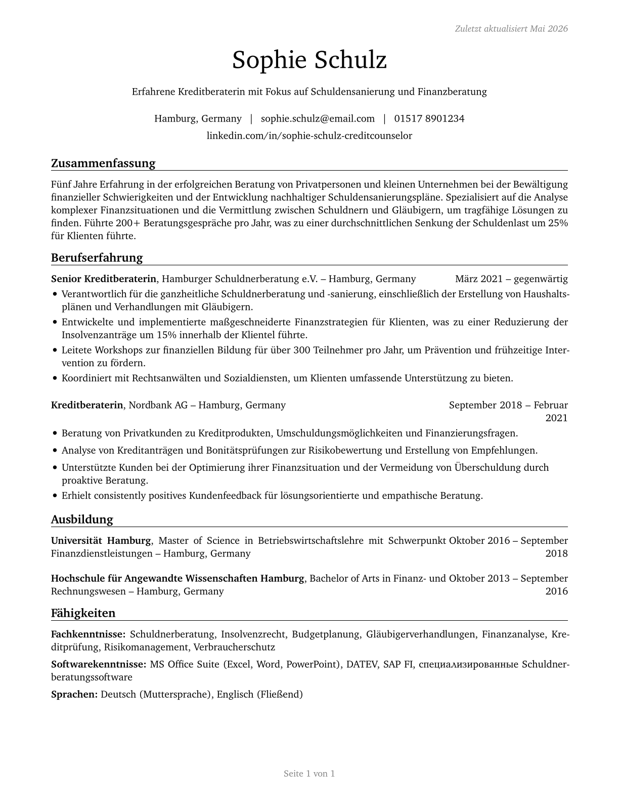 Credit Counselors CV in German — page 1