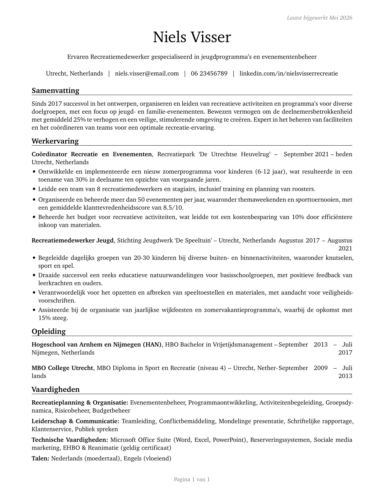 Recreation Workers CV in Dutch — page 1
