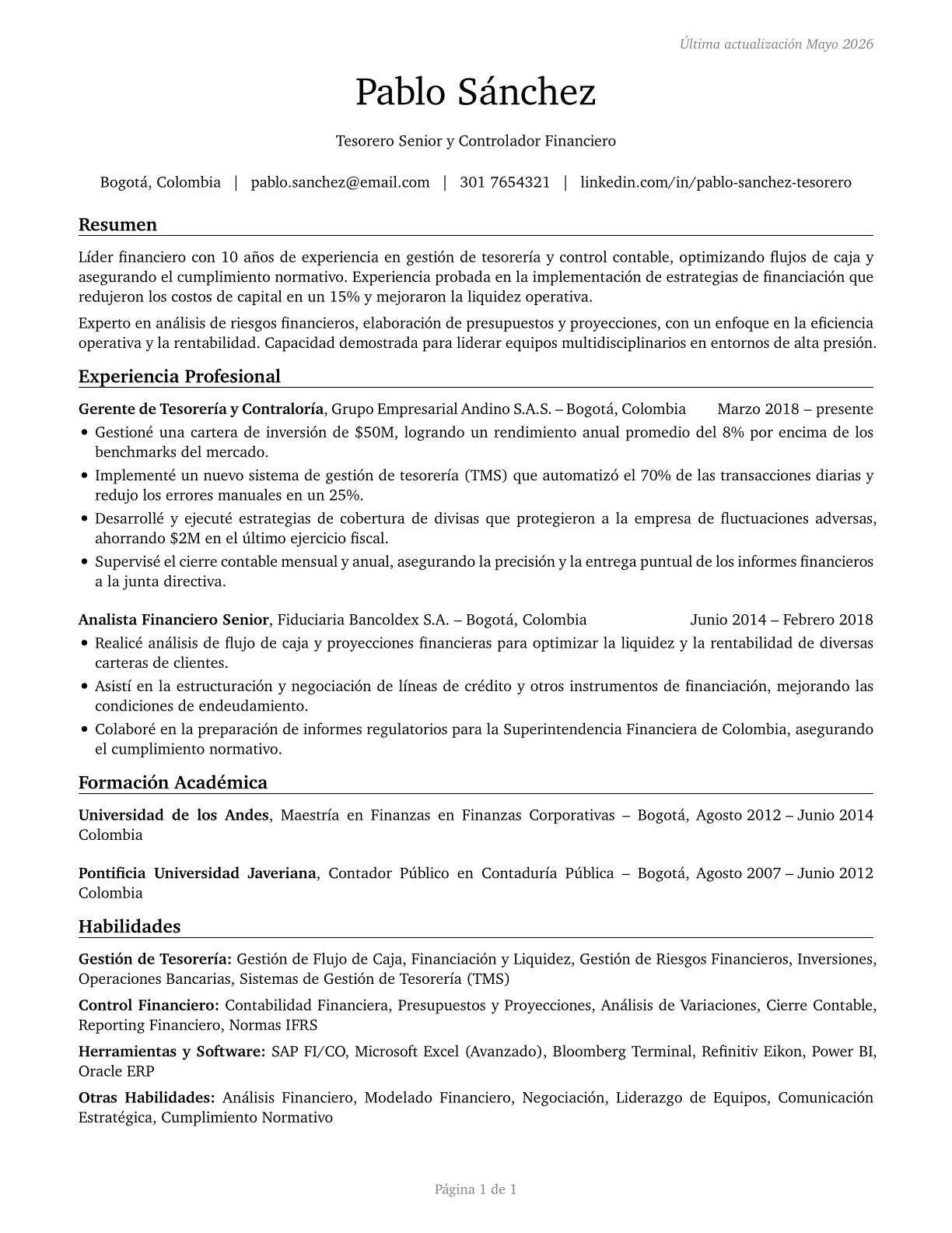 Treasurers and Controllers CV in Spanish — page 1