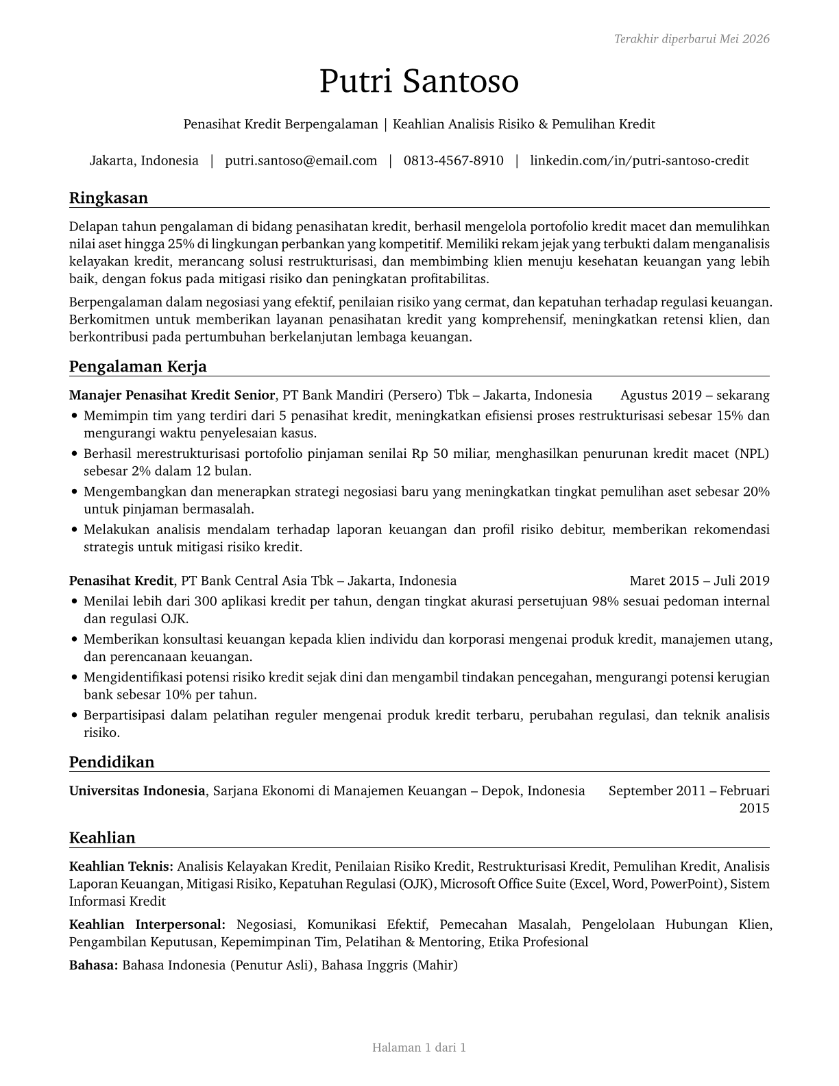 Credit Counselors CV in Indonesian — page 1
