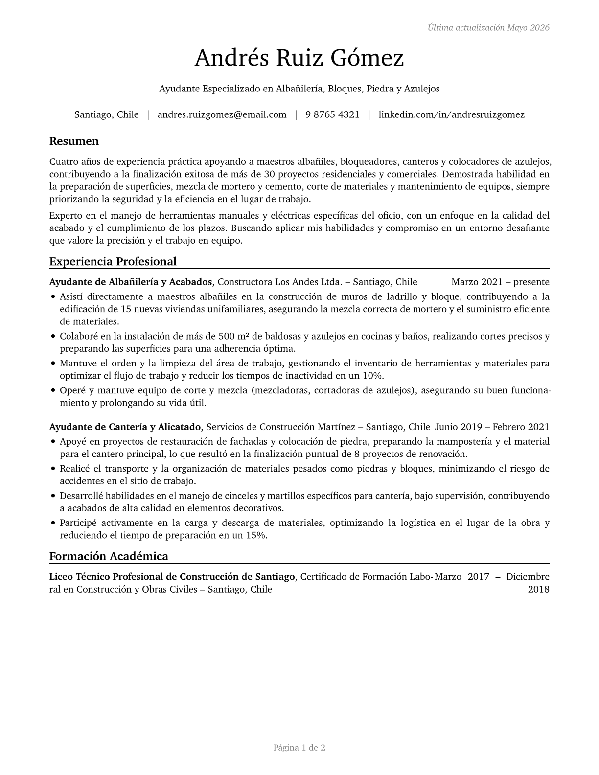 Helpers--Brickmasons, Blockmasons, Stonemasons, and Tile and Marble Setters CV in Spanish — page 1