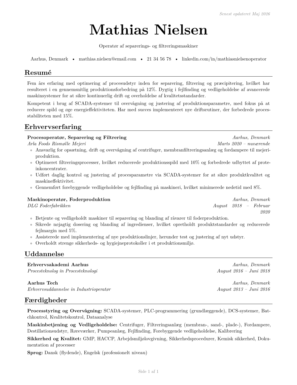Separating, Filtering, Clarifying, Precipitating, and Still Machine Setters, Operators, and Tenders CV in Danish — page 1