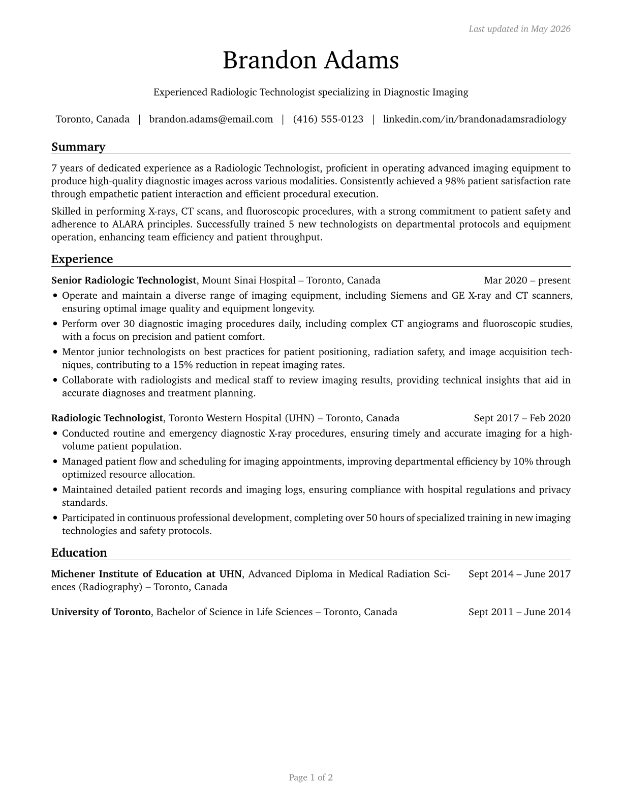Radiologic Technologists and Technicians CV in English — page 1