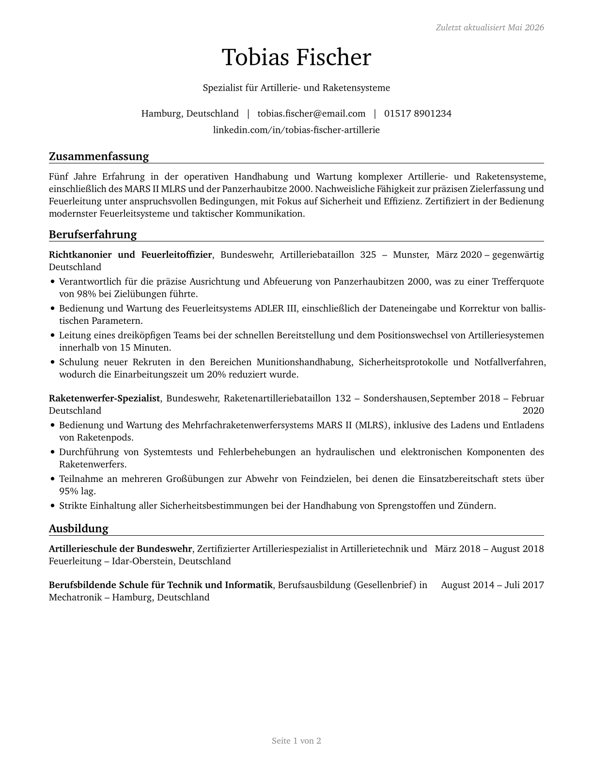 Artillery and Missile Crew Members CV in German — page 1