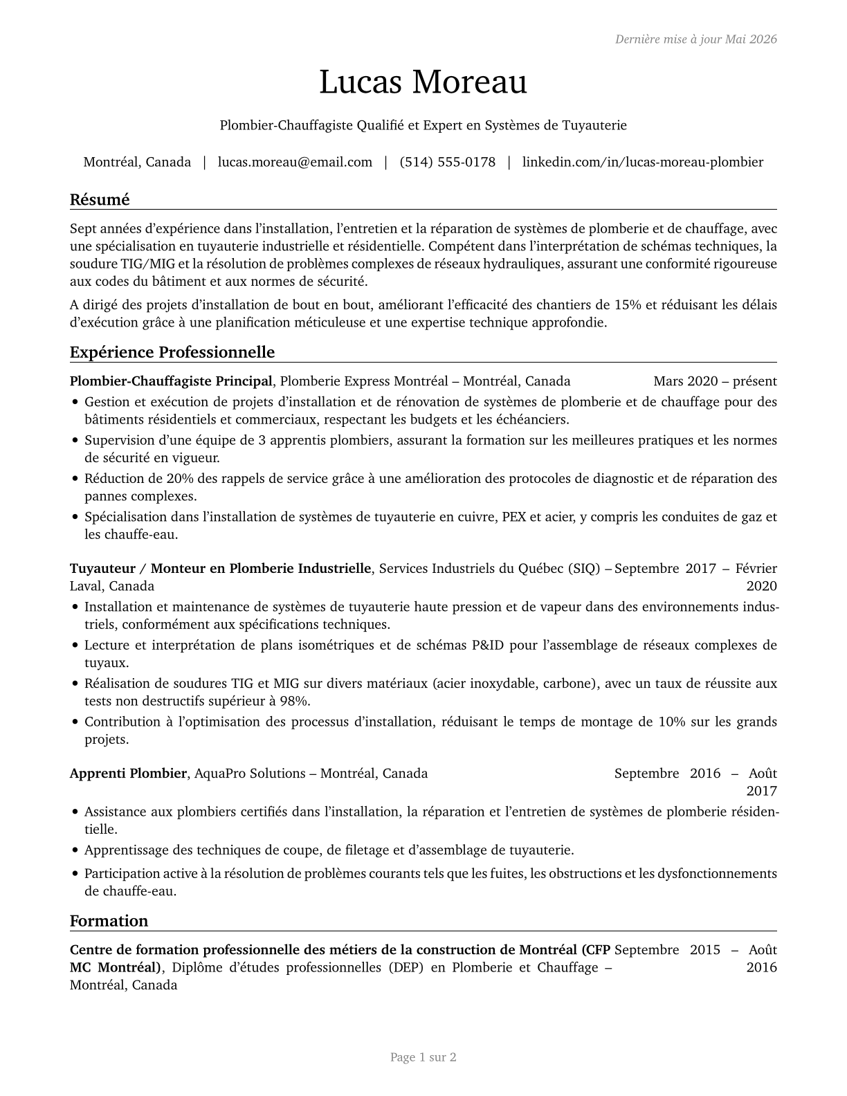 Plumbers, Pipefitters, and Steamfitters CV in French — page 1