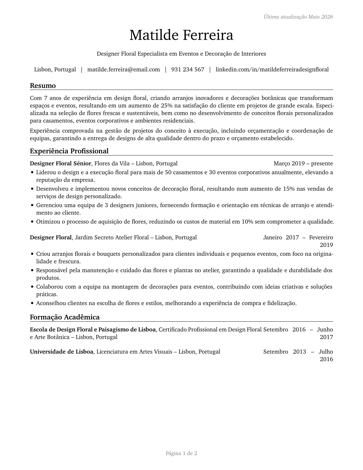 Floral Designers CV in Portuguese — page 1