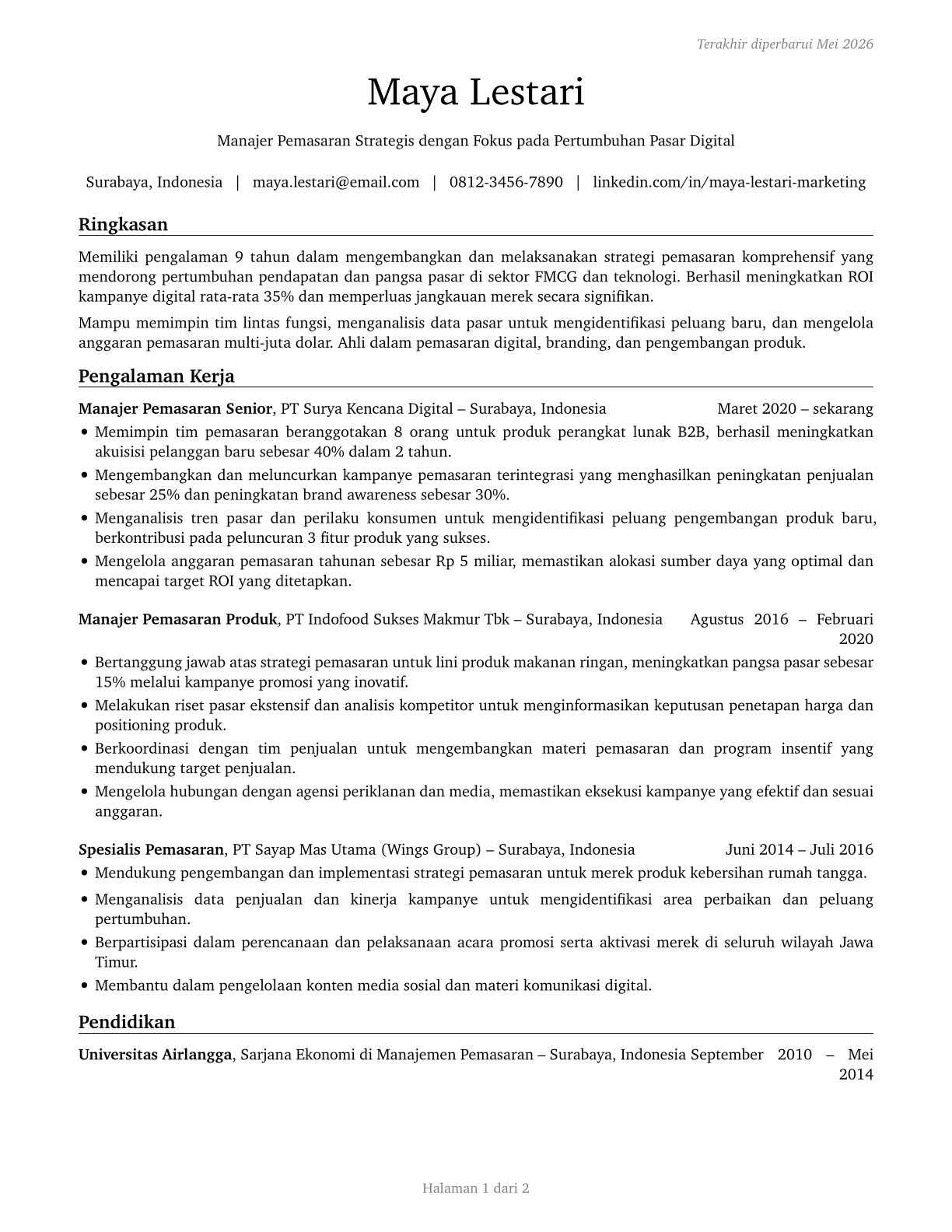 Marketing Managers CV in Indonesian — page 1