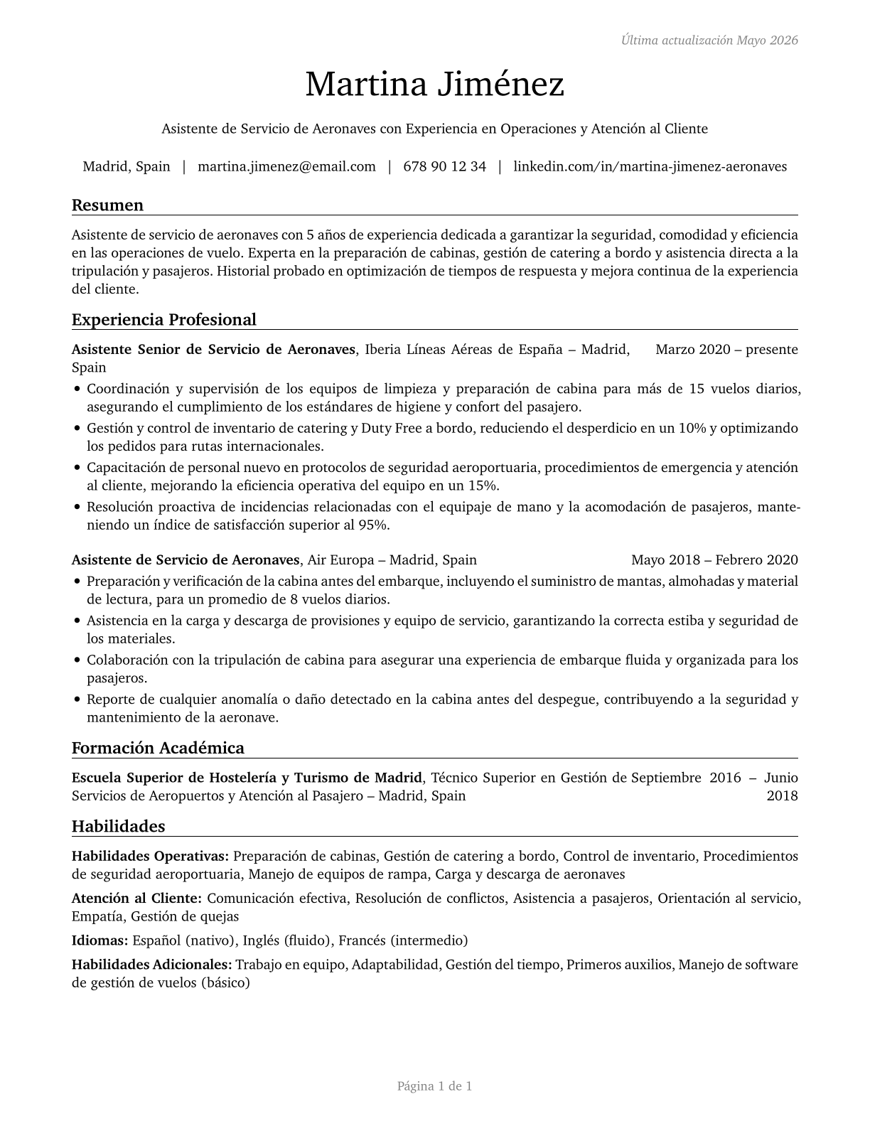 Aircraft Service Attendants CV in Spanish — page 1