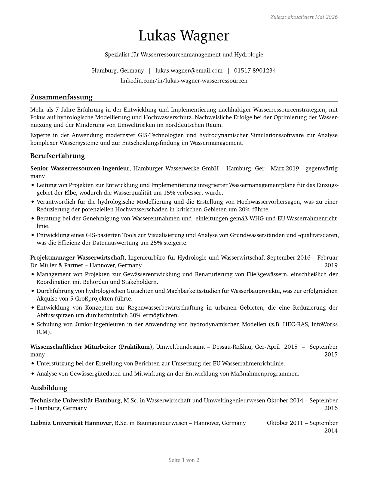 Water Resource Specialists CV in German — page 1