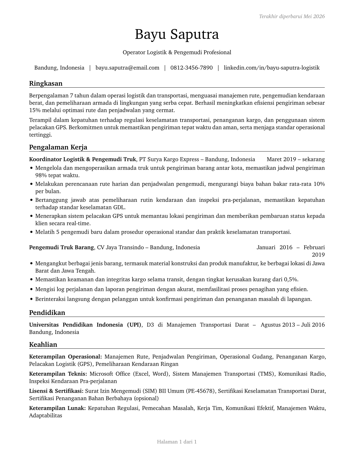 Transportation Workers, All Other CV in Indonesian — page 1
