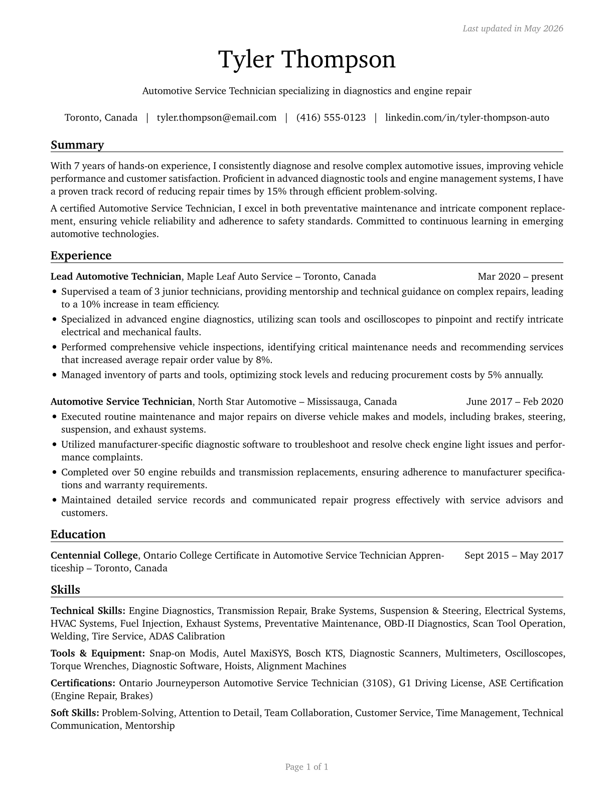 Automotive Service Technicians and Mechanics CV in English — page 1