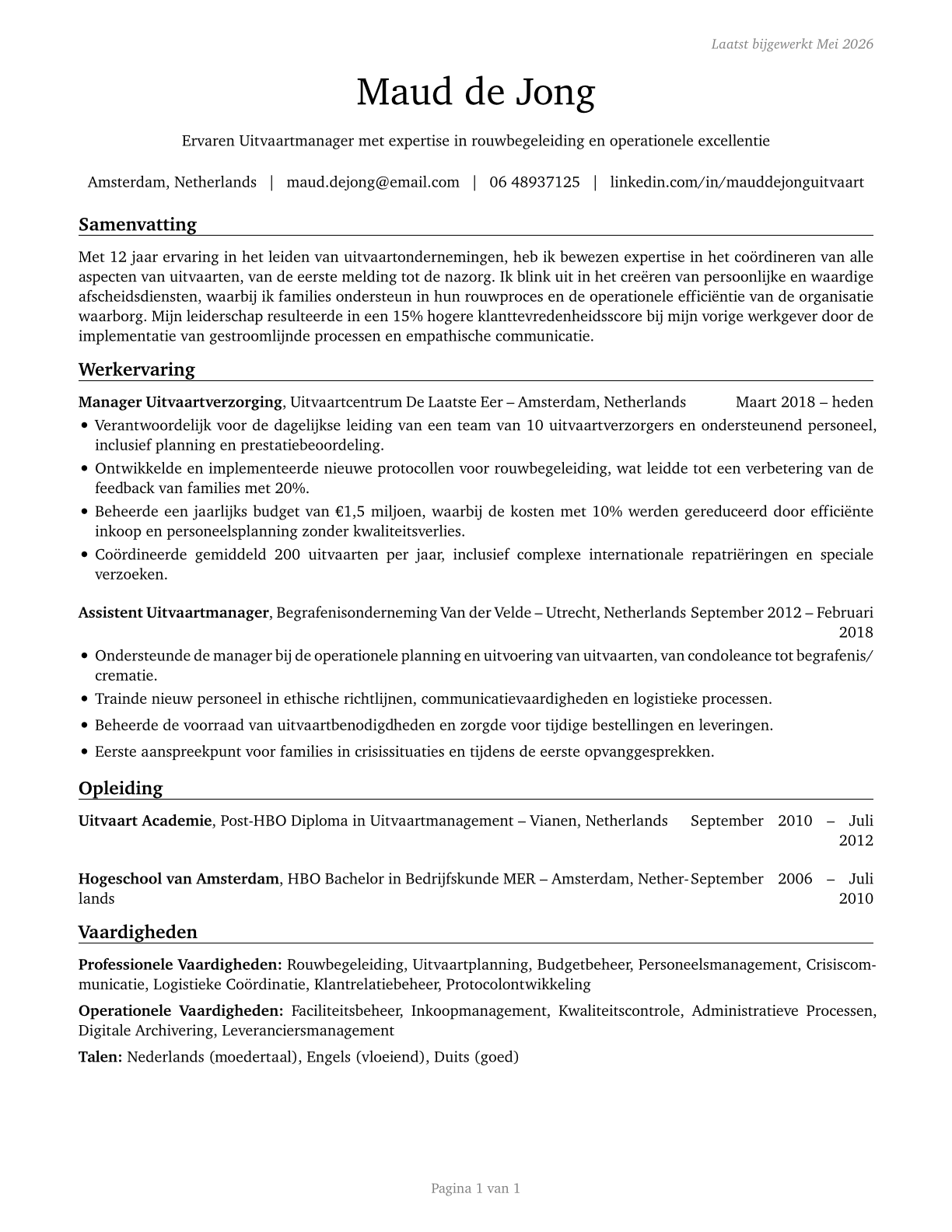 Funeral Home Managers CV in Dutch — page 1