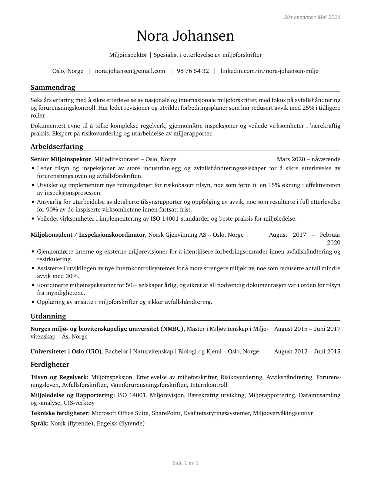 Environmental Compliance Inspectors CV in Norwegian_bokmal — page 1
