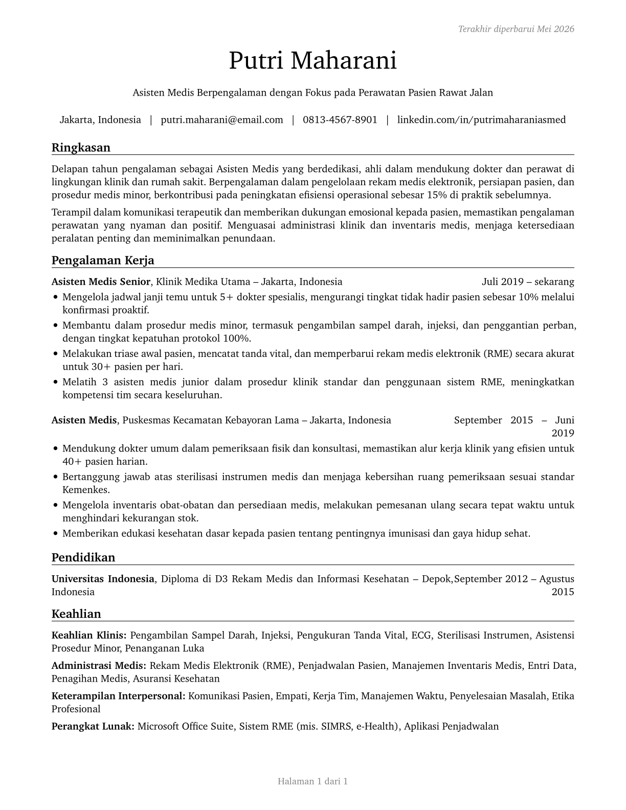 Medical Assistants CV in Indonesian — page 1