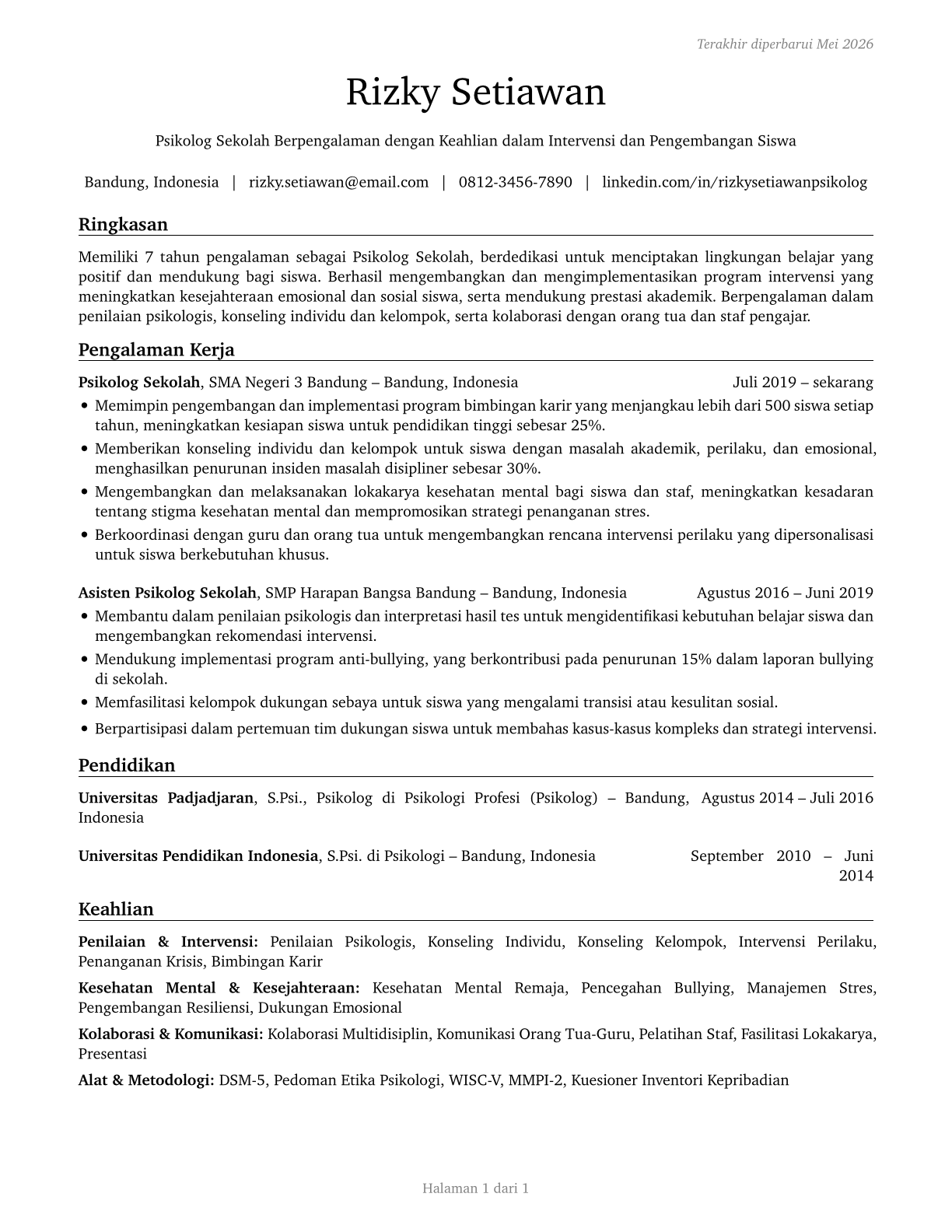 School Psychologists CV in Indonesian — page 1