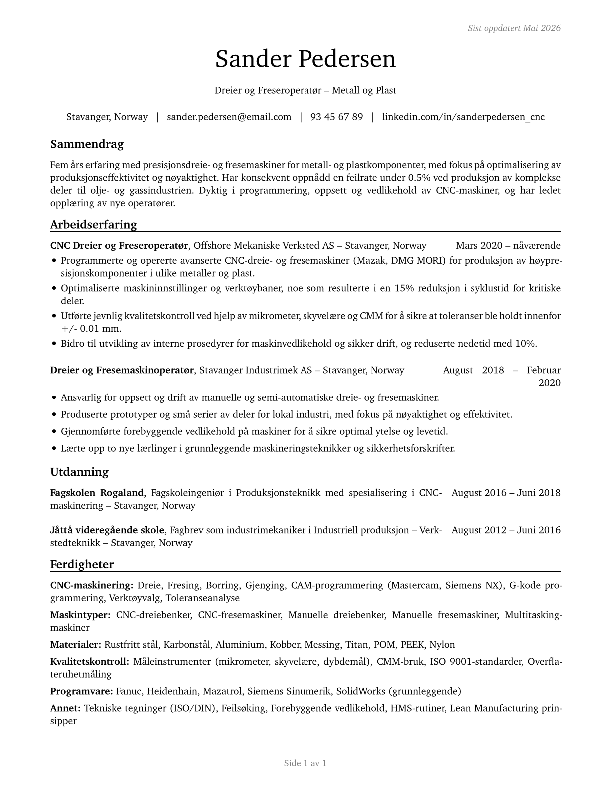 Lathe and Turning Machine Tool Setters, Operators, and Tenders, Metal and Plastic CV in Norwegian_bokmal — page 1