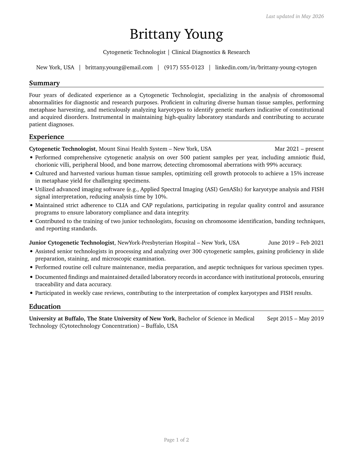 Cytogenetic Technologists CV in English — page 1