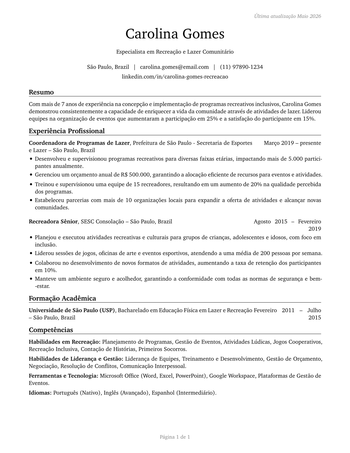 Recreation Workers CV in Portuguese — page 1