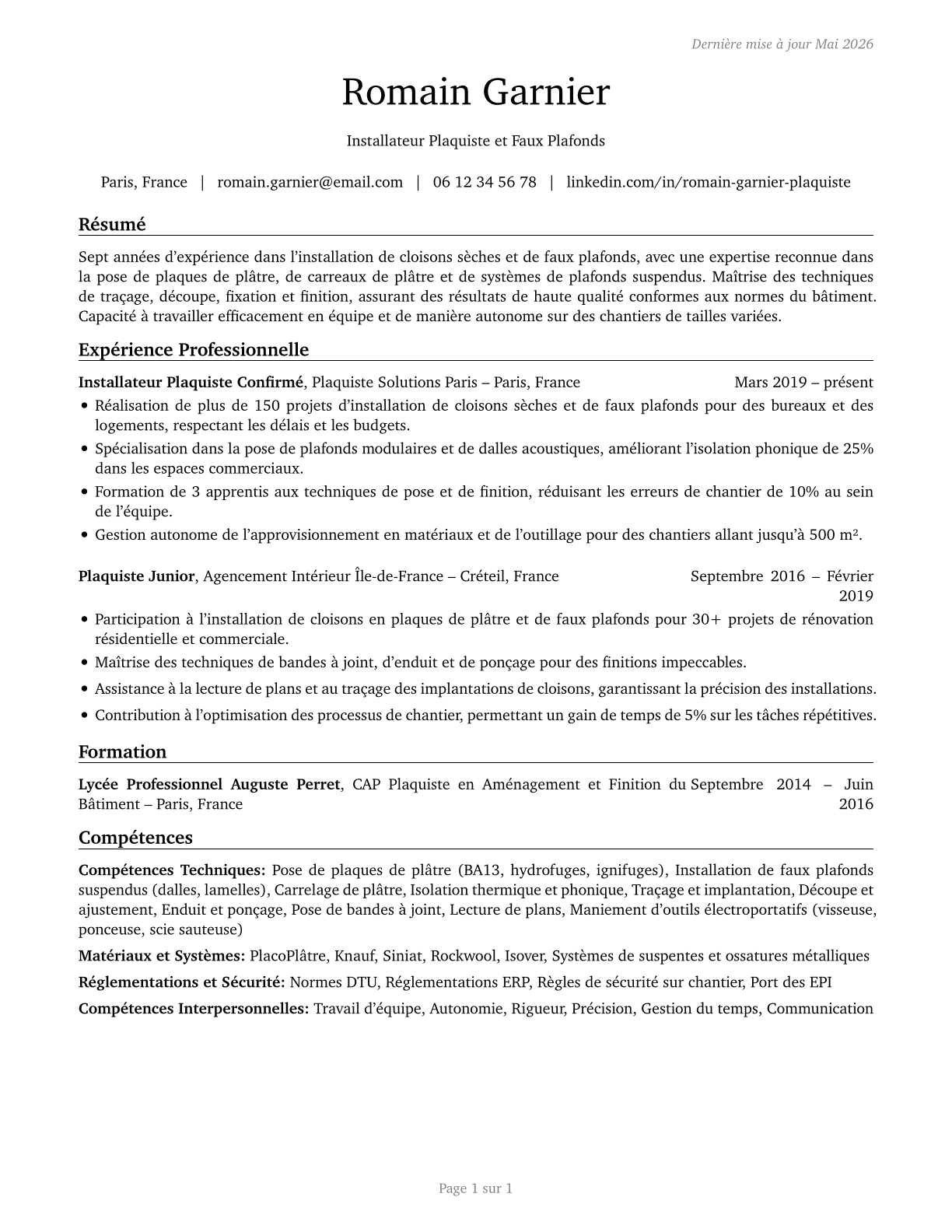 Drywall and Ceiling Tile Installers CV in French — page 1