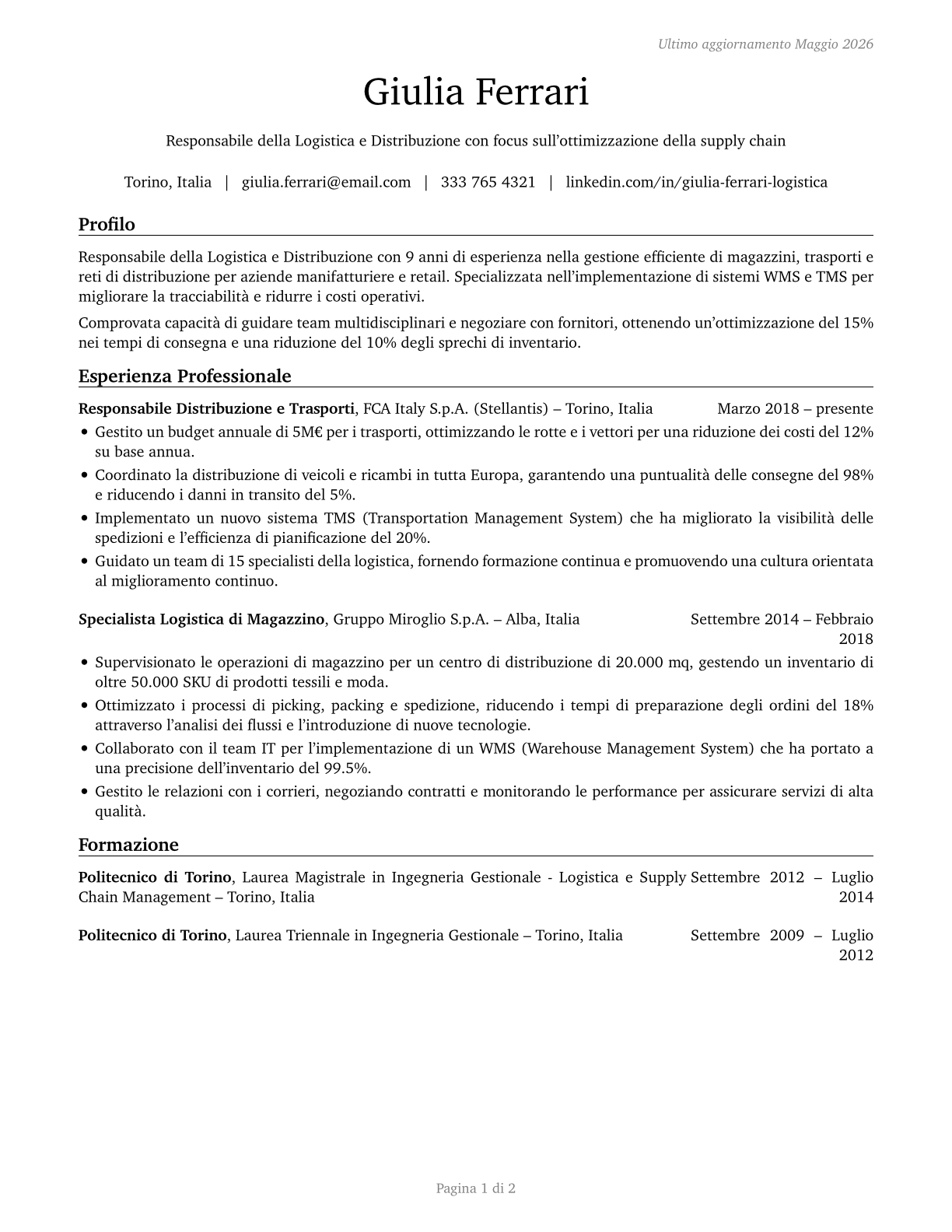 Transportation, Storage, and Distribution Managers CV in Italian — page 1