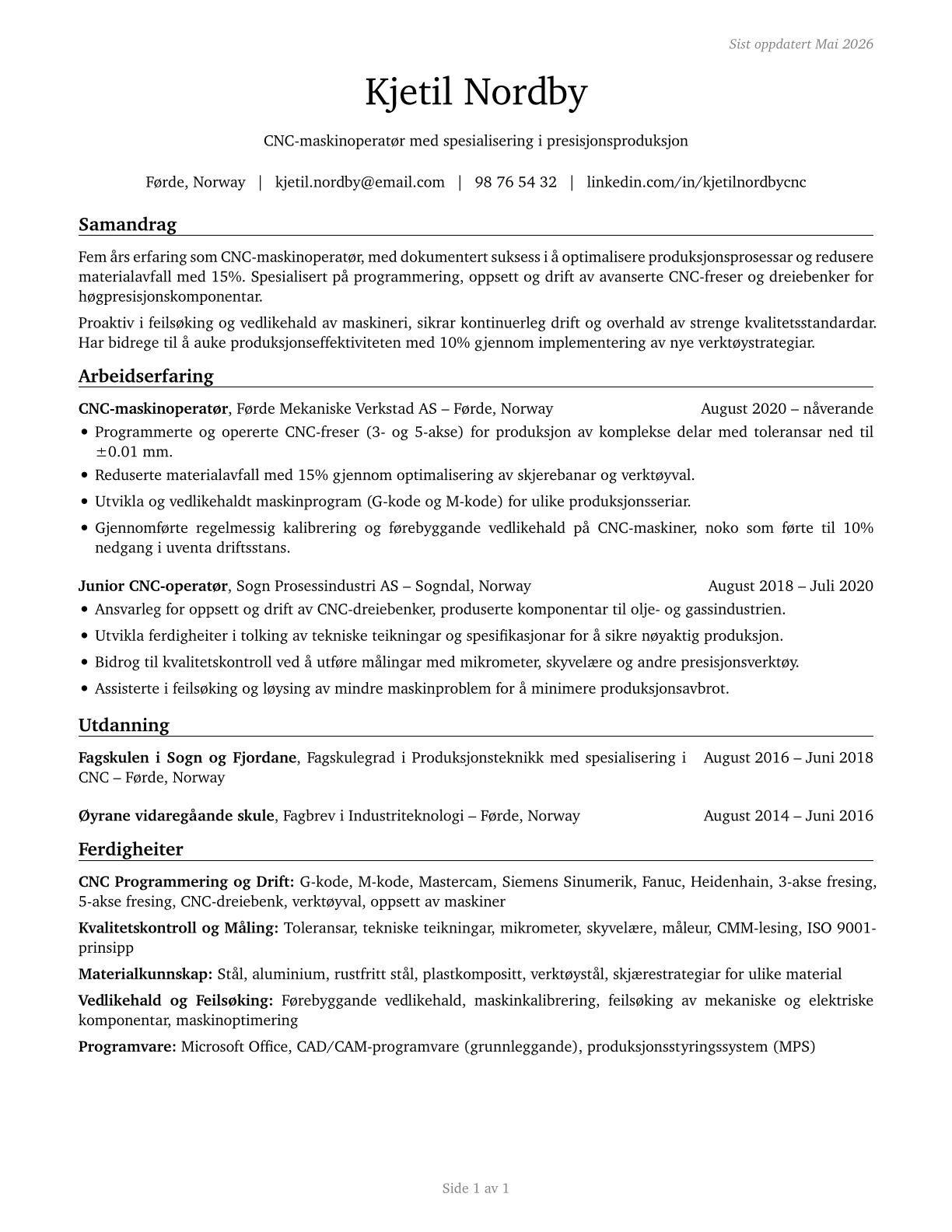 Computer Numerically Controlled Tool Operators CV in Norwegian_nynorsk — page 1