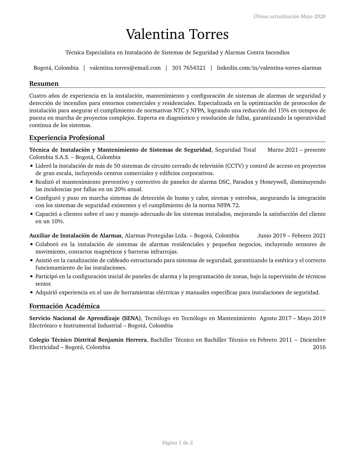 Security and Fire Alarm Systems Installers CV in Spanish — page 1