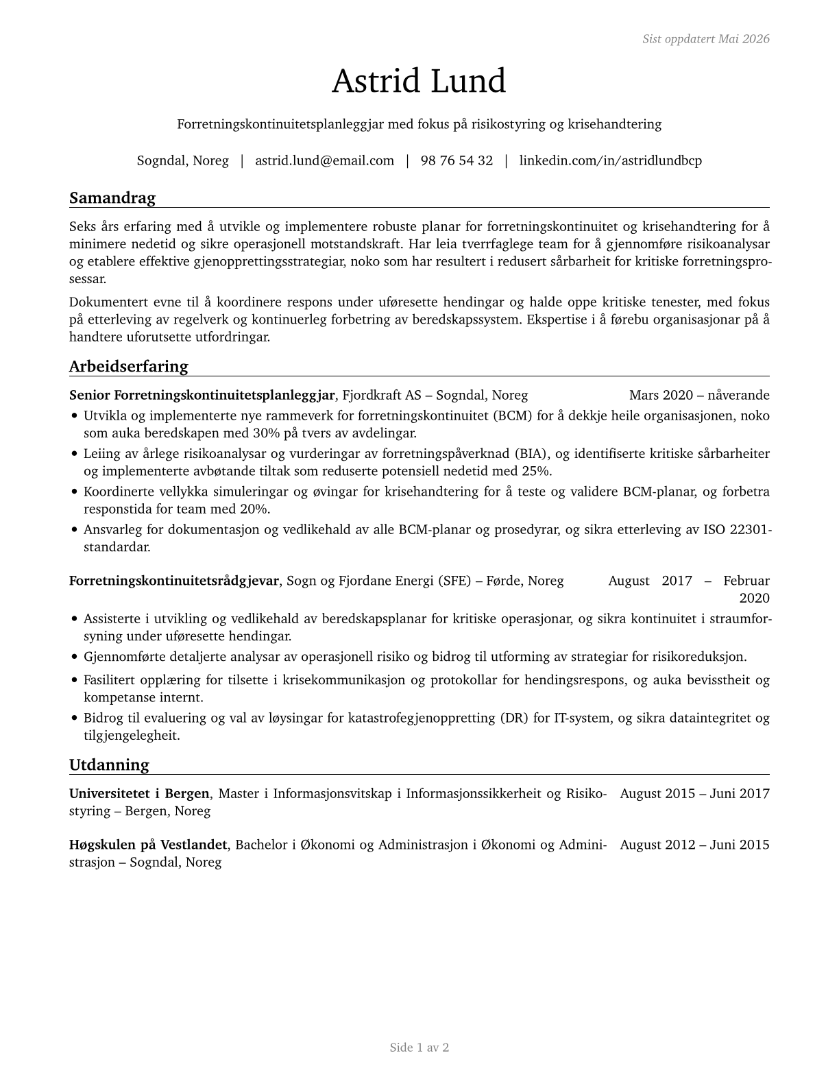 Business Continuity Planners CV in Norwegian_nynorsk — page 1