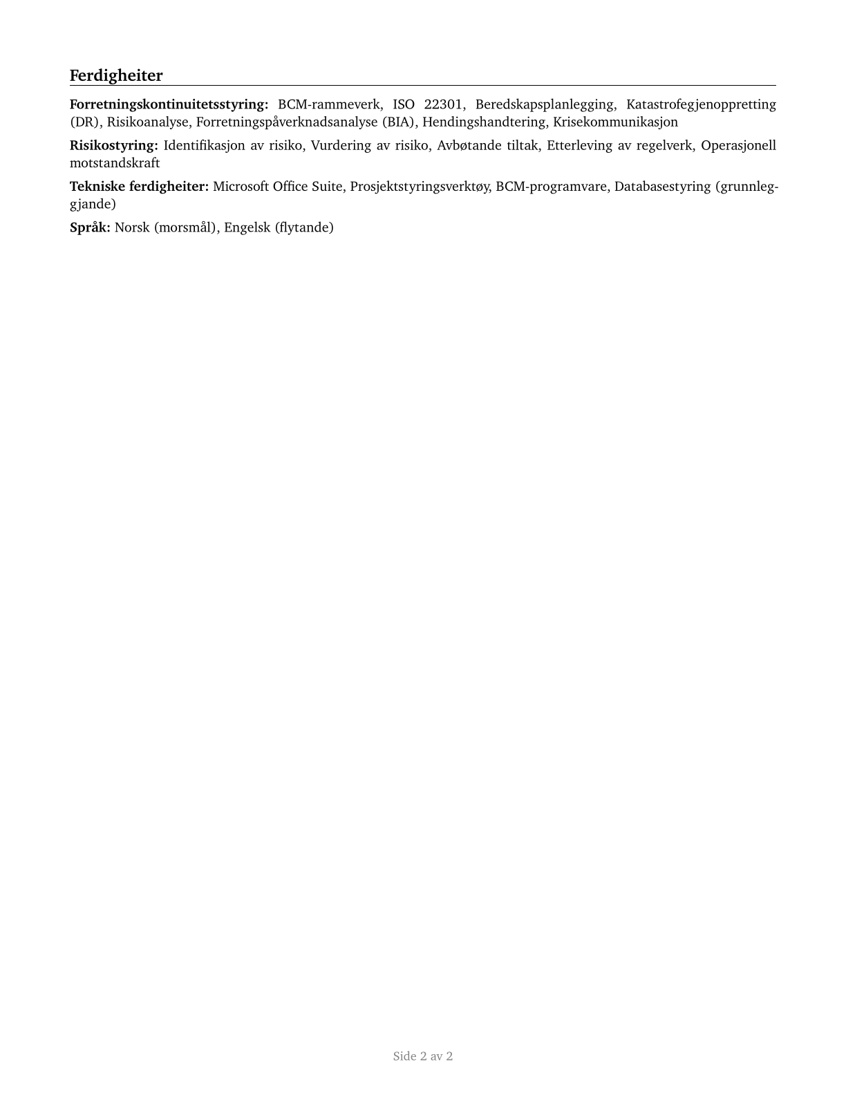 Business Continuity Planners CV in Norwegian_nynorsk — page 2