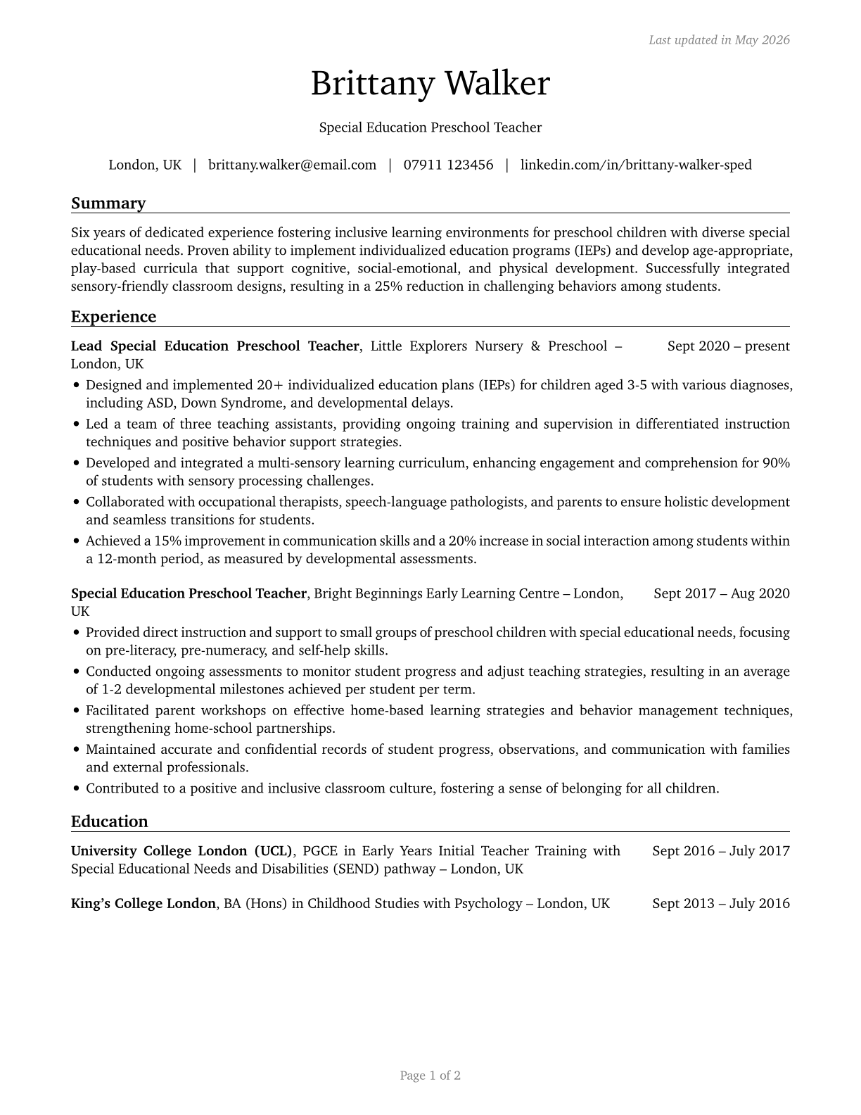 Special Education Teachers, Preschool CV in English — page 1