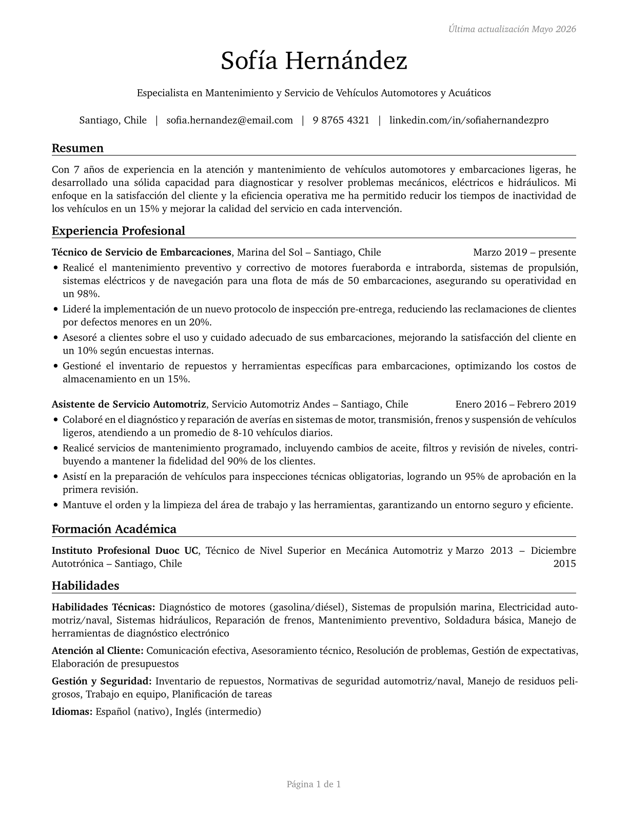 Automotive and Watercraft Service Attendants CV in Spanish — page 1
