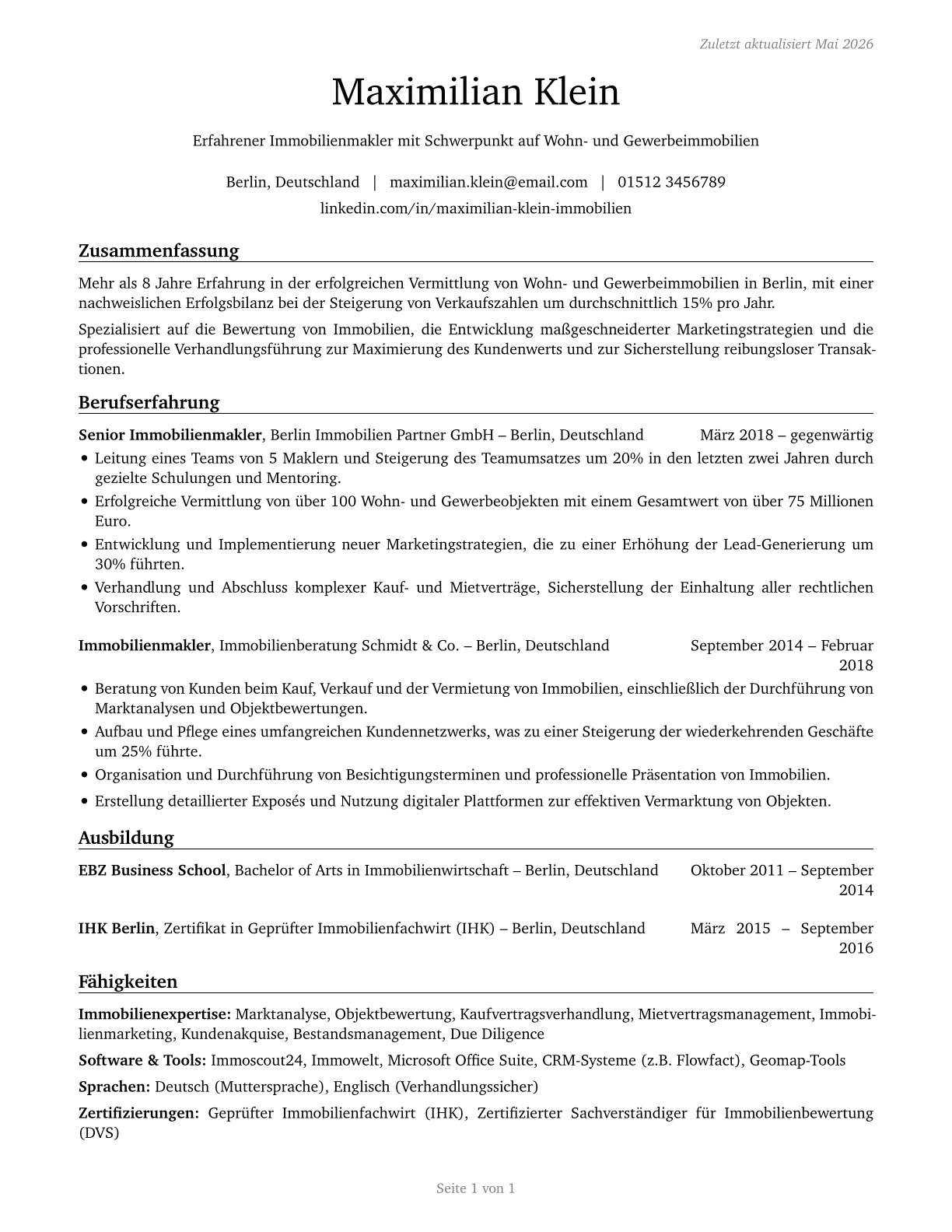 Real Estate Brokers CV in German — page 1