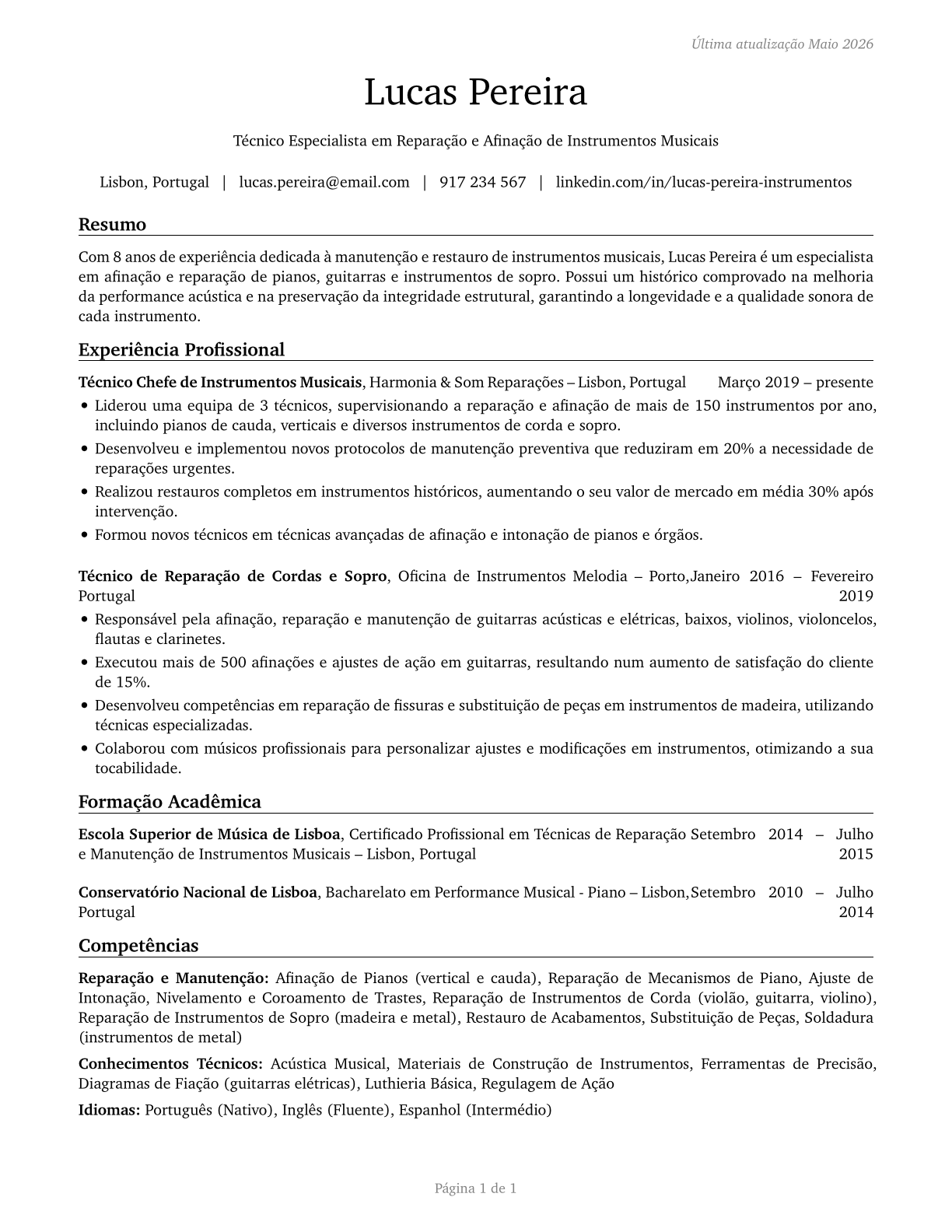 Musical Instrument Repairers and Tuners CV in Portuguese — page 1