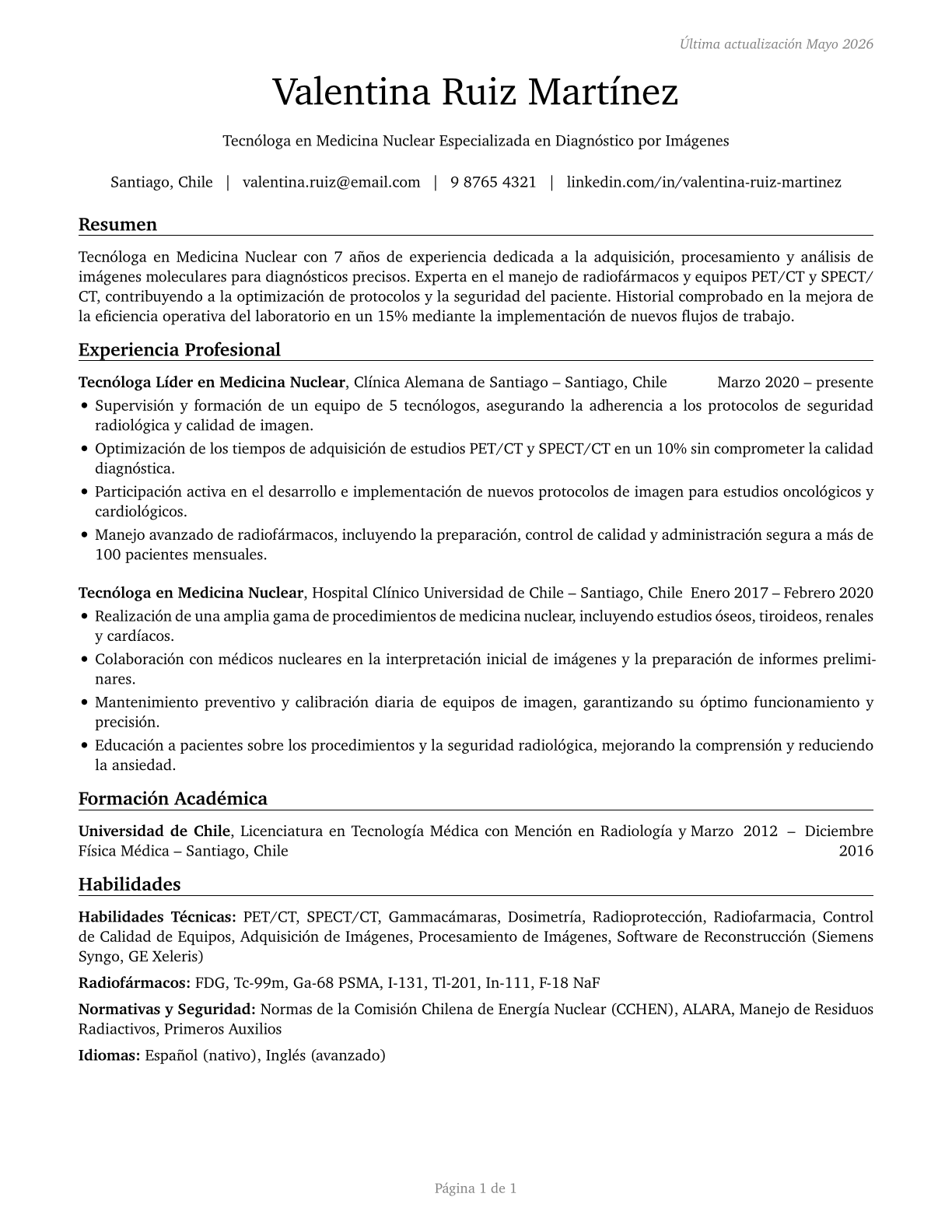 Nuclear Medicine Technologists CV in Spanish — page 1