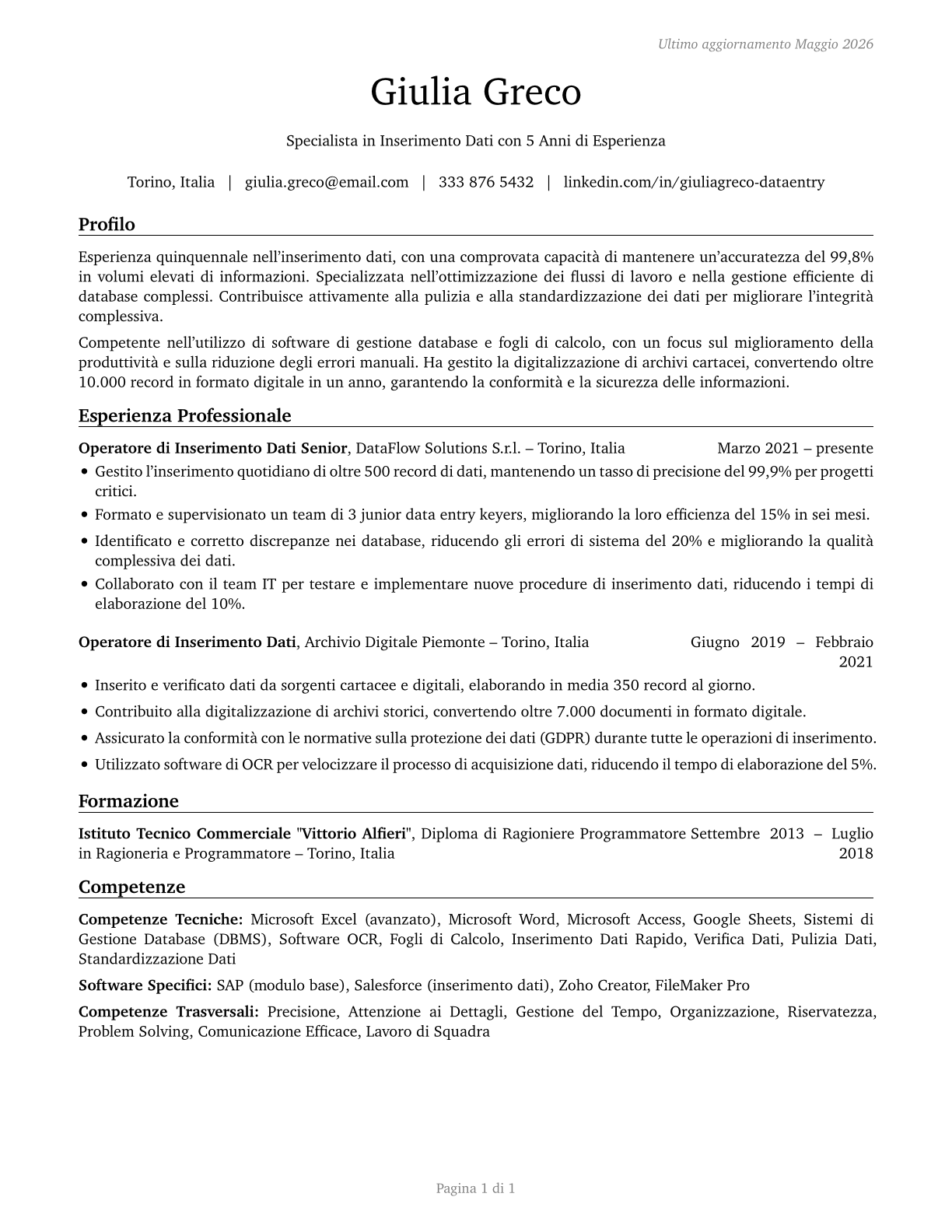 Data Entry Keyers CV in Italian — page 1