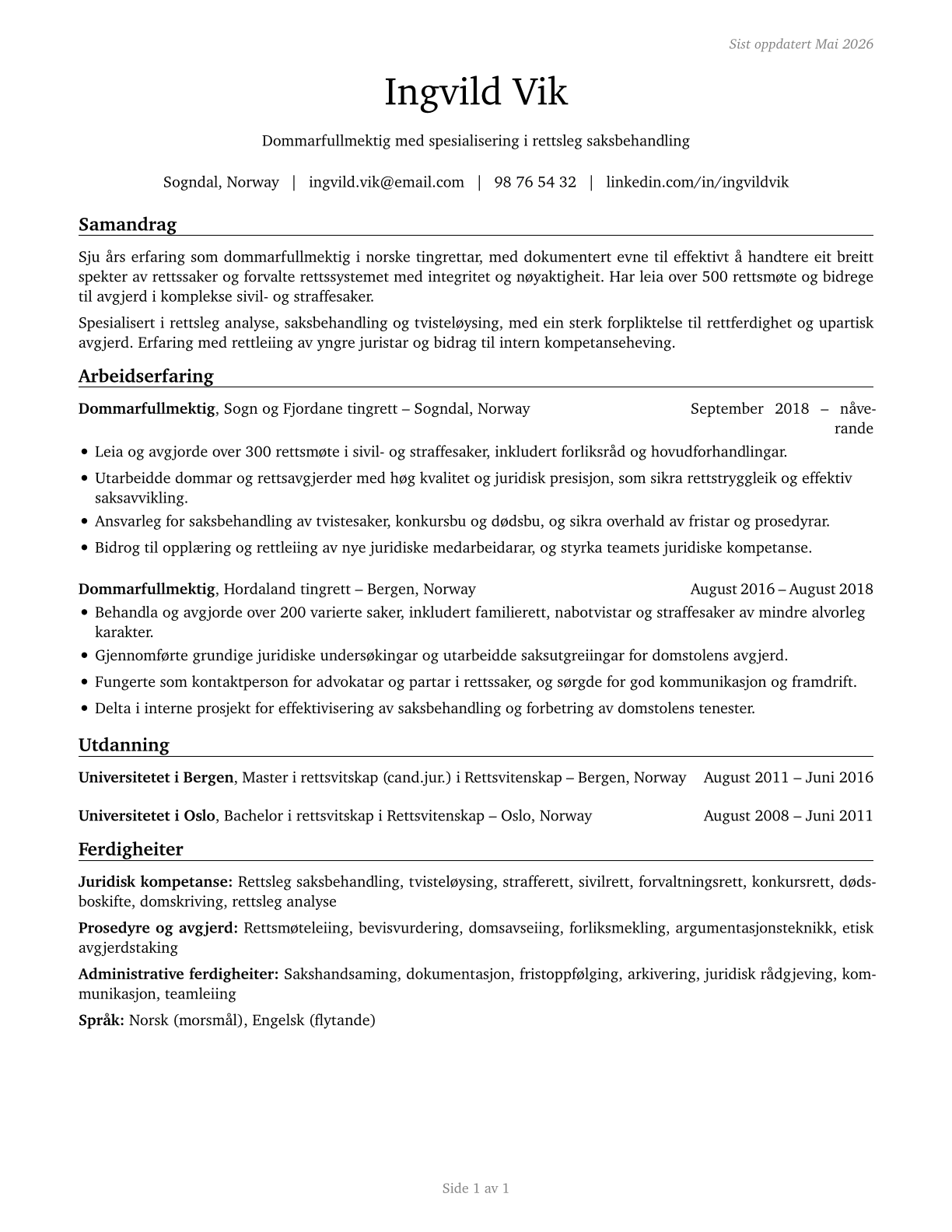 Judges, Magistrate Judges, and Magistrates CV in Norwegian_nynorsk — page 1
