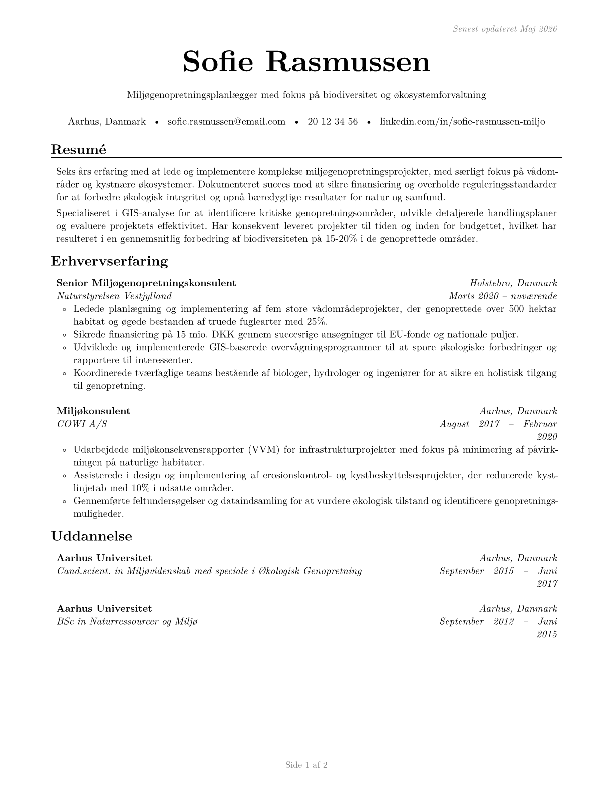 Environmental Restoration Planners CV in Danish — page 1