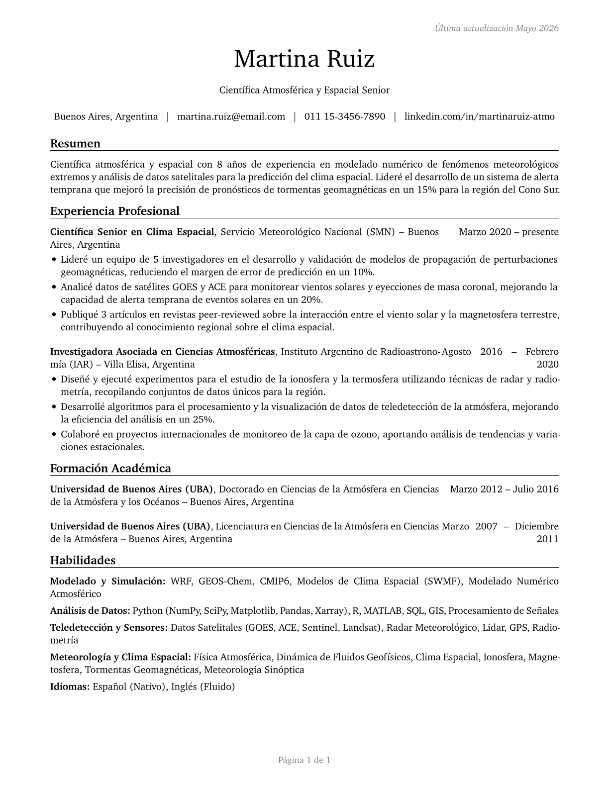 Atmospheric and Space Scientists CV in Spanish — page 1