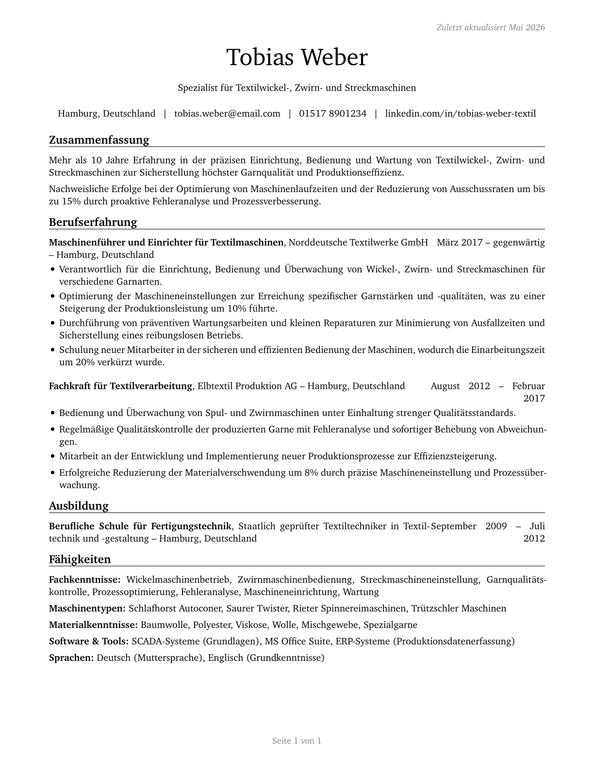 Textile Winding, Twisting, and Drawing Out Machine Setters, Operators, and Tenders CV in German — page 1