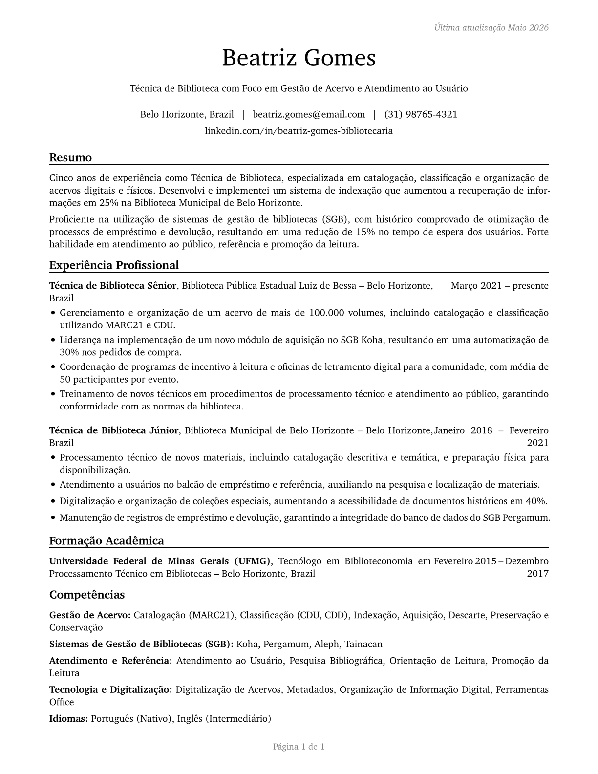 Library Technicians CV in Portuguese — page 1