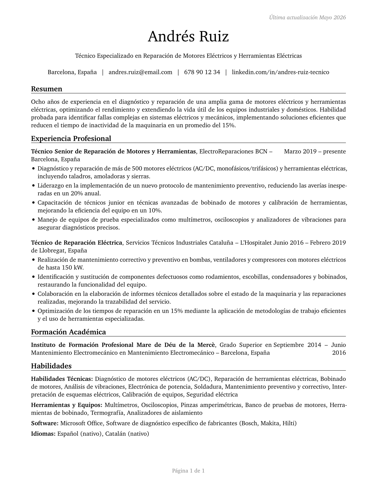 Electric Motor, Power Tool, and Related Repairers CV in Spanish — page 1