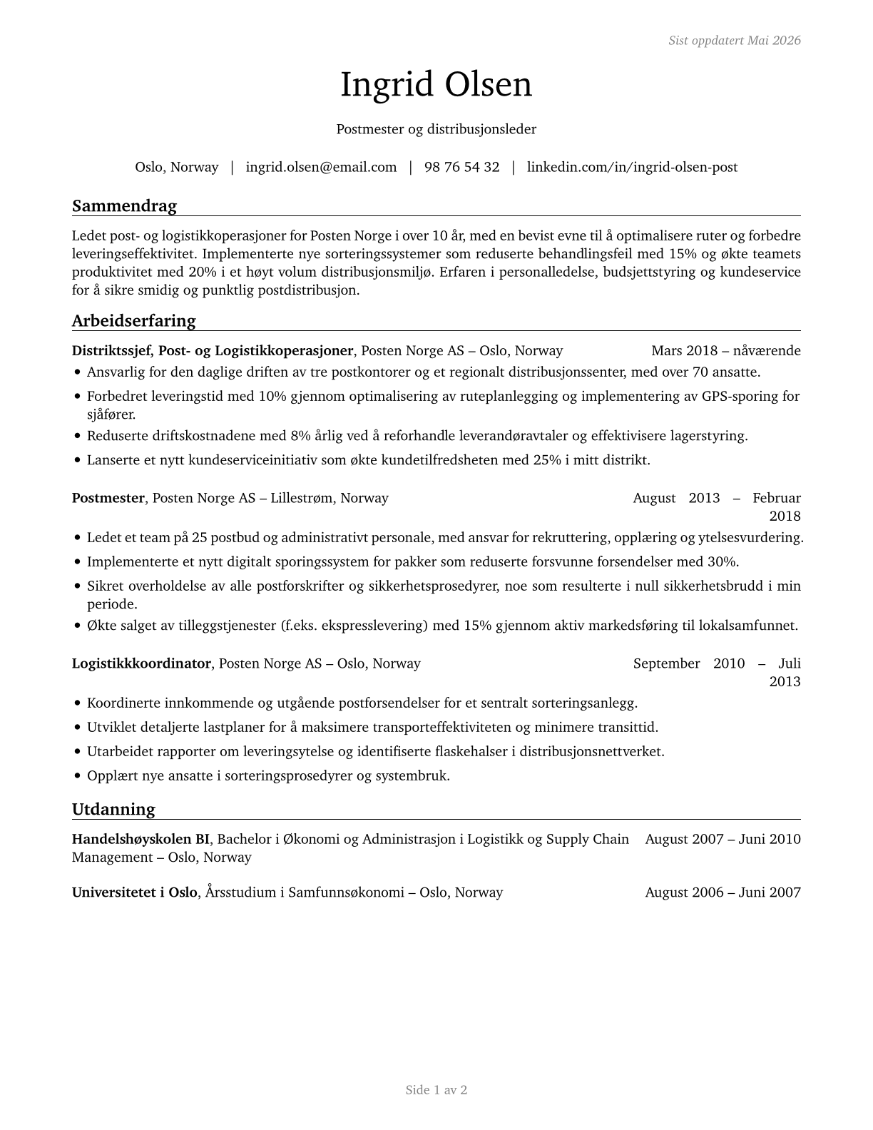 Postmasters and Mail Superintendents CV in Norwegian_bokmal — page 1