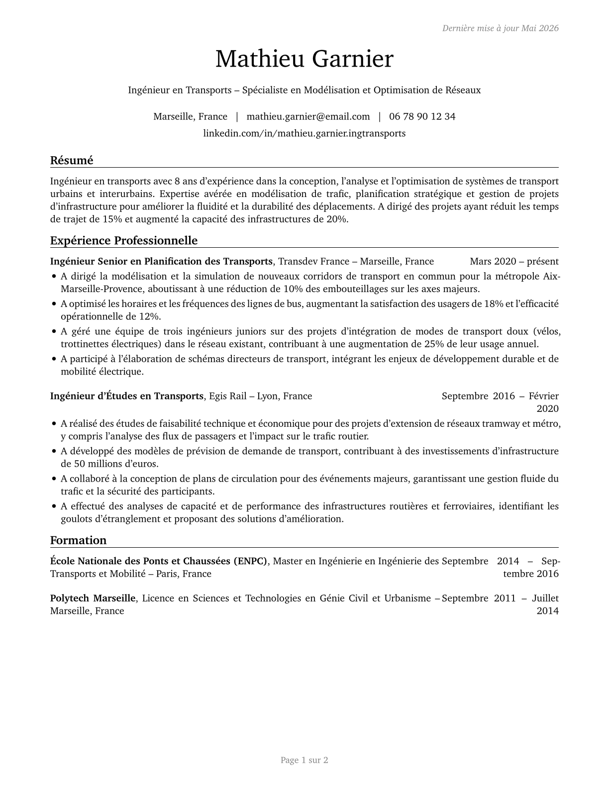Transportation Engineers CV in French — page 1