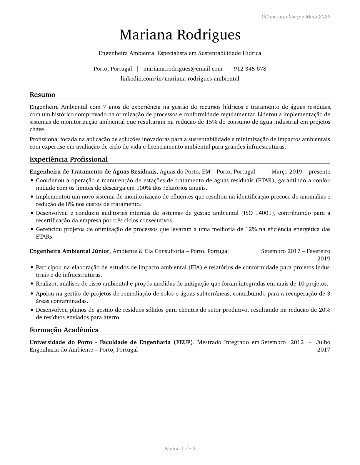 Environmental Engineers CV in Portuguese — page 1