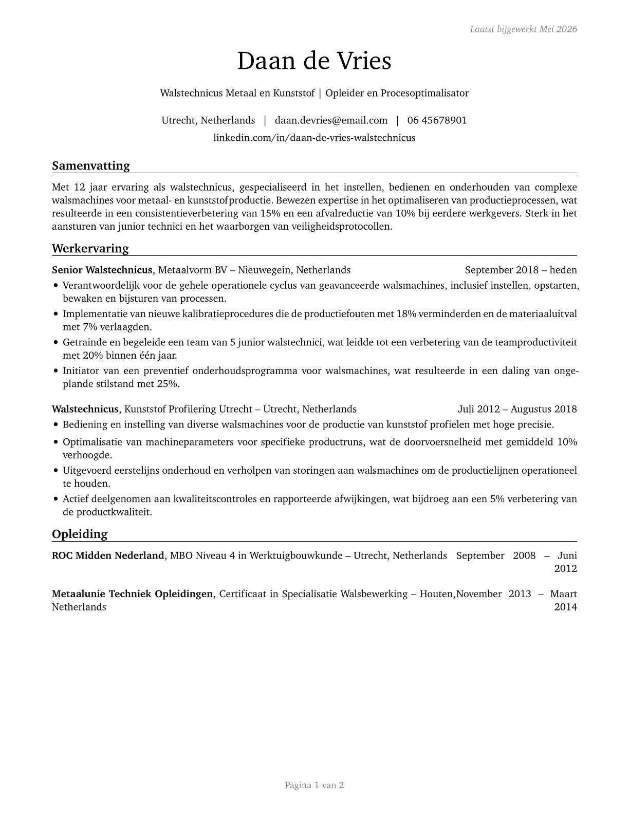 Rolling Machine Setters, Operators, and Tenders, Metal and Plastic CV in Dutch — page 1