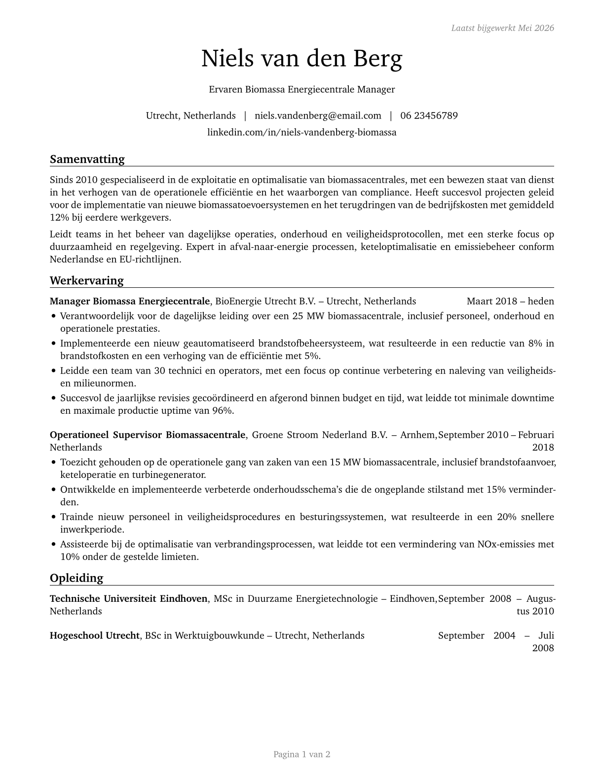 Biomass Power Plant Managers CV in Dutch — page 1
