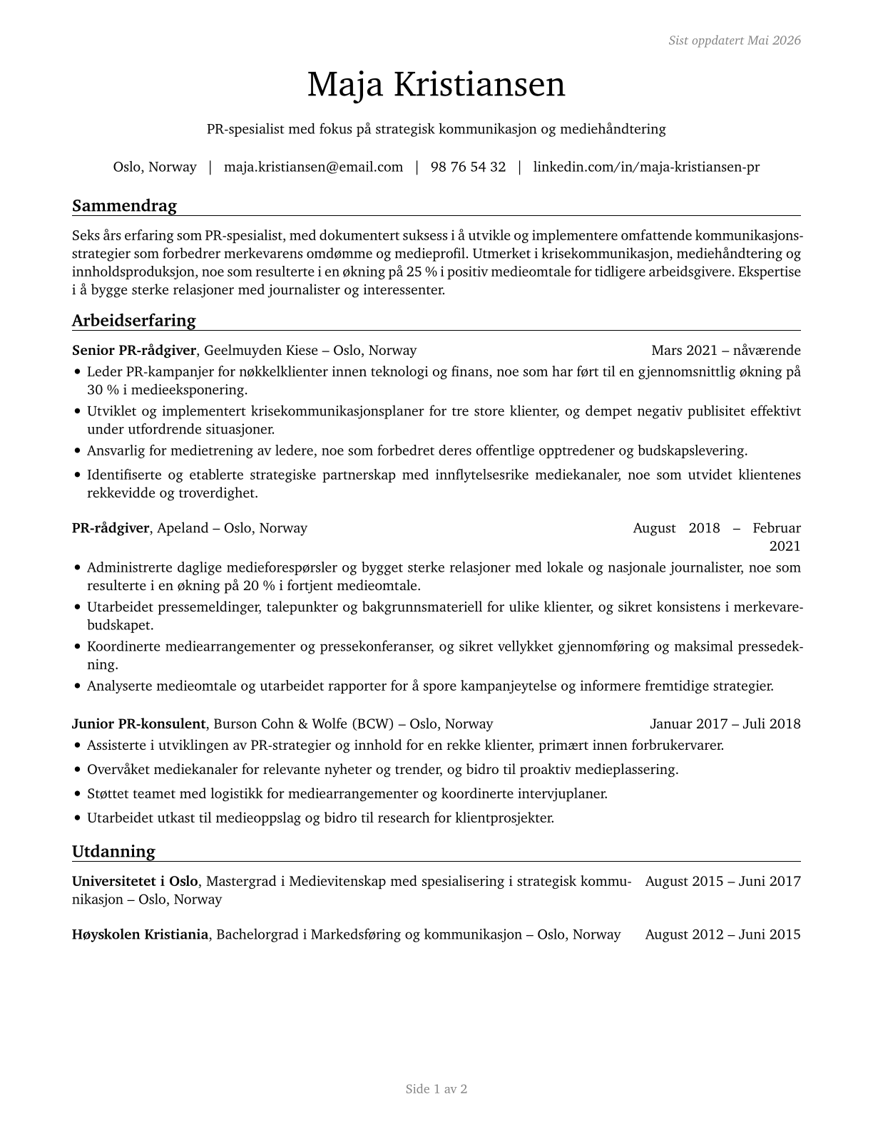 Public Relations Specialists CV in Norwegian_bokmal — page 1