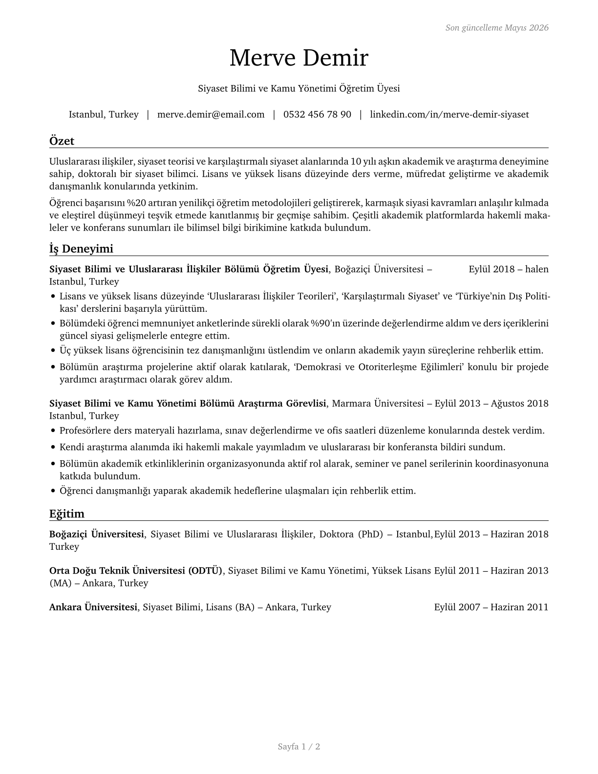 Political Science Teachers, Postsecondary CV in Turkish — page 1