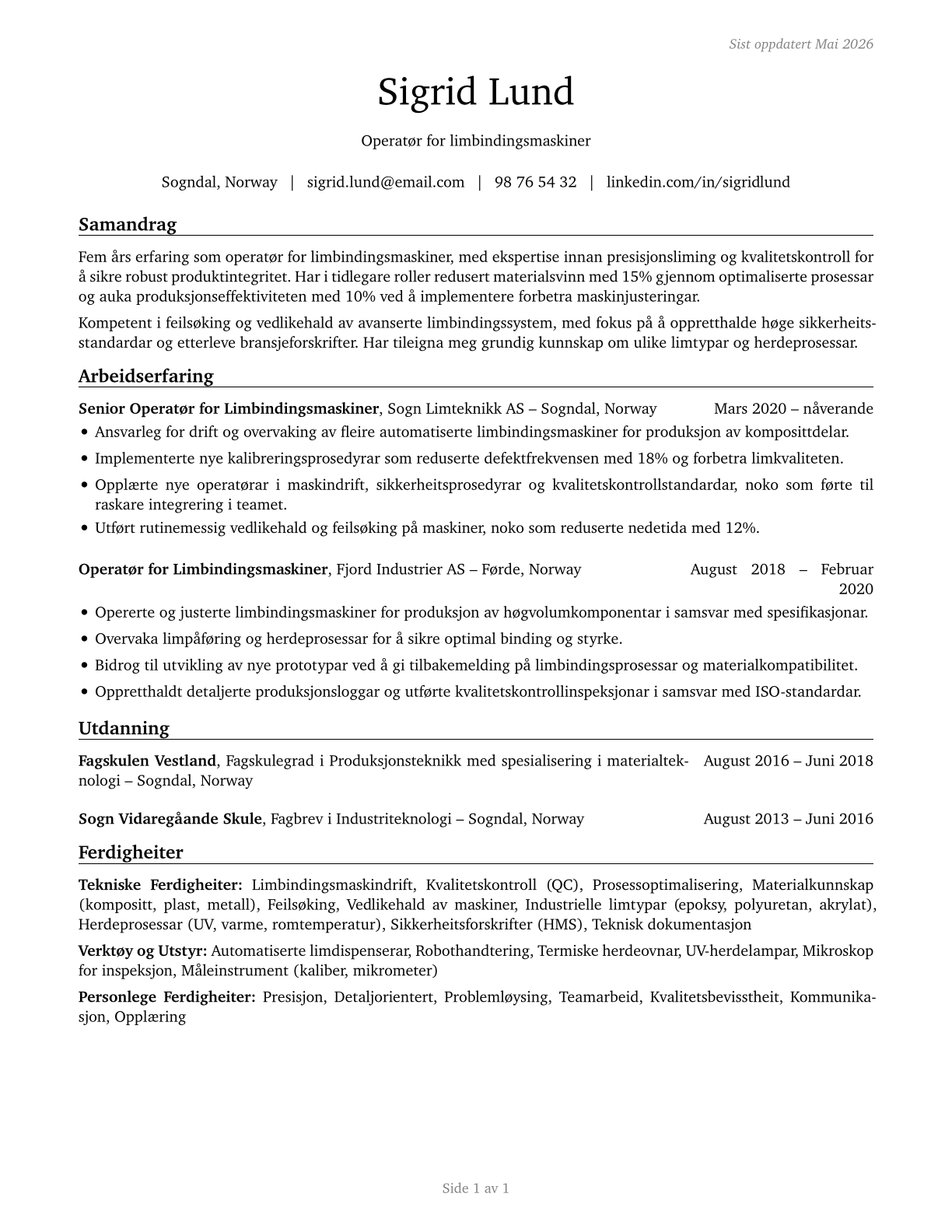Adhesive Bonding Machine Operators and Tenders CV in Norwegian_nynorsk — page 1
