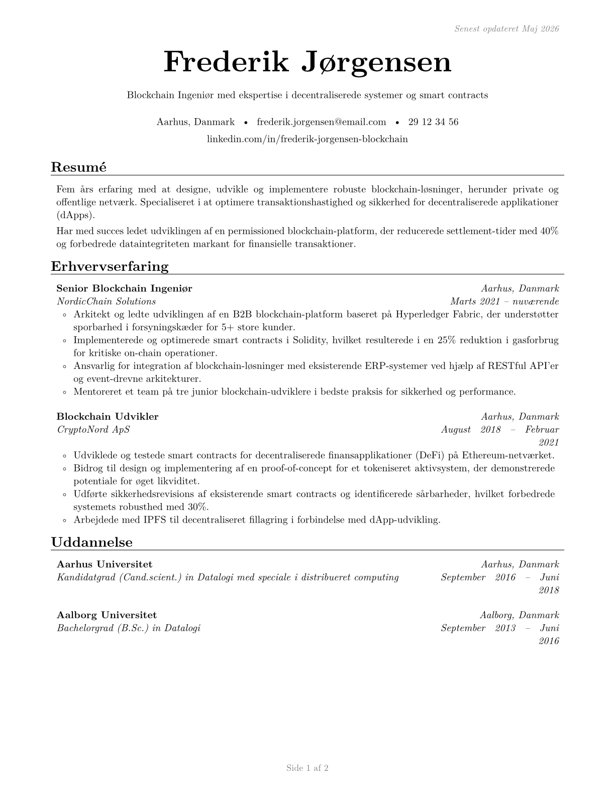 Blockchain Engineers CV in Danish — page 1