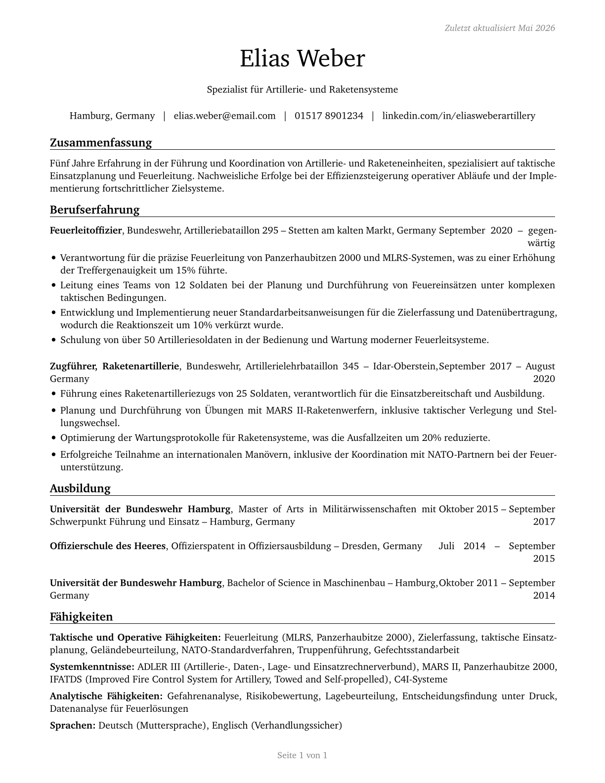 Artillery and Missile Officers CV in German — page 1